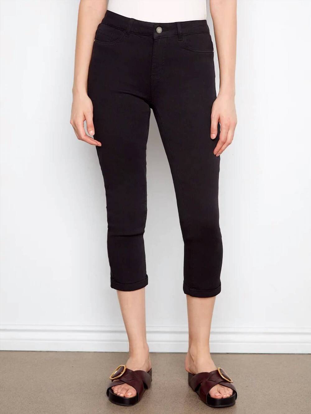 NEW CHARLIE B cuffed cropped slim leg twill pants in black